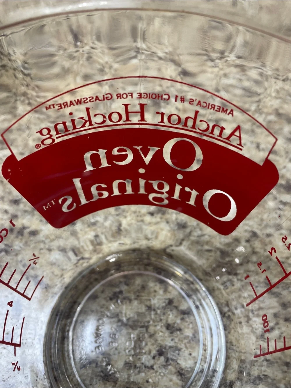 Anchor Hocking Oven Originals 498 RED Lettering 2 Cup Clear Glass Measuring Cup.